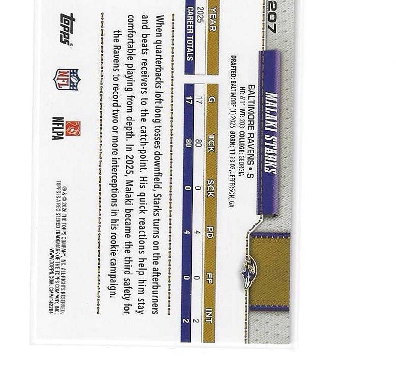 2025 Topps Football Malaki Starks RC #207 Baltimore Ravens back