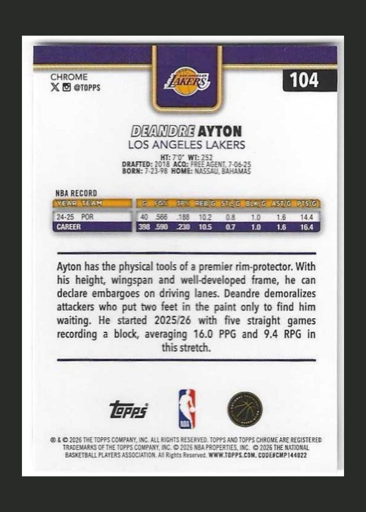 2025-26 Topps Chrome Basketball DeAndre Ayton #104 Los Angeles Lakers back