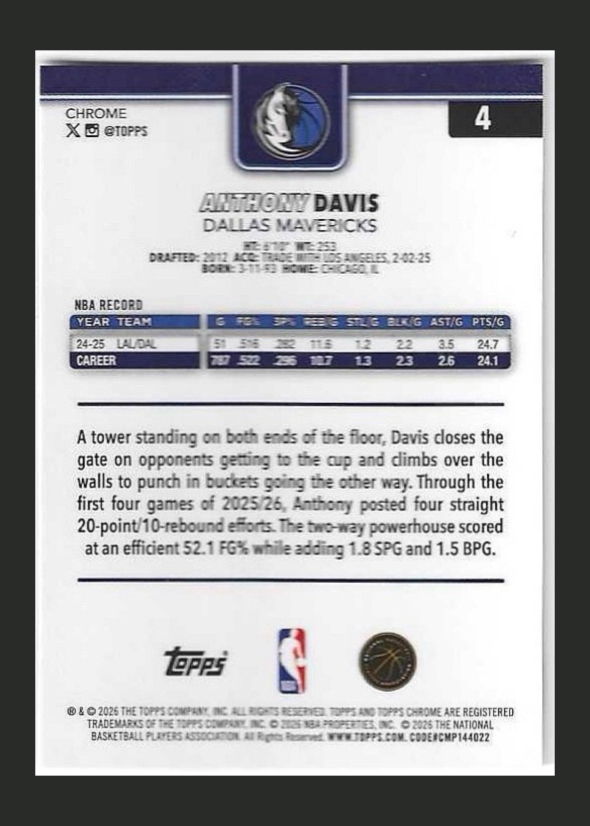2025-26 Topps Chrome Basketball Anthony Davis #4 back