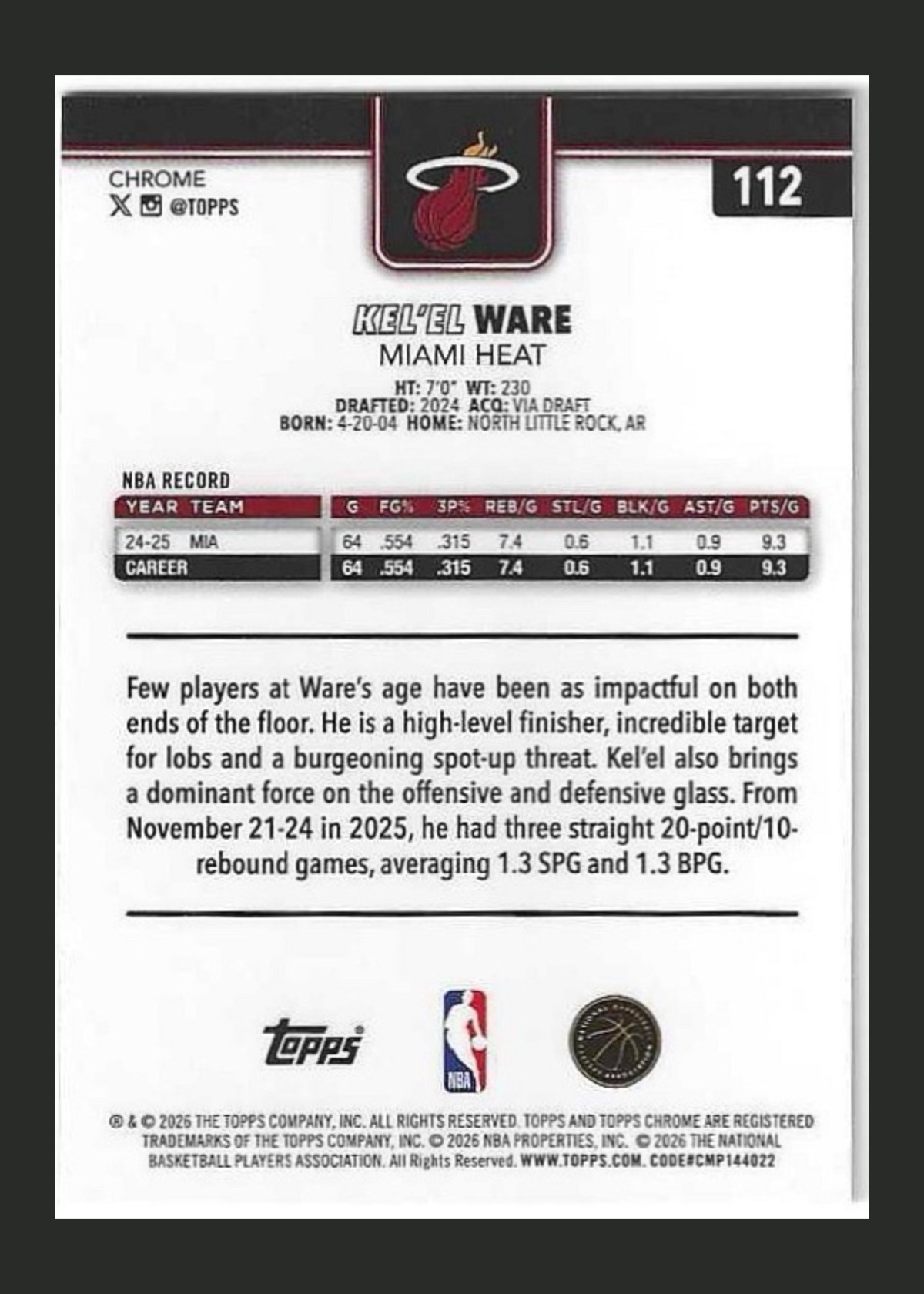 2025-26 Topps Chrome Basketball Kel'el Ware #112 Miami Heat back