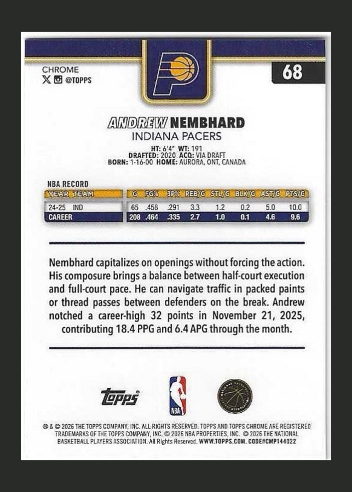 2025-26 Topps Chrome Basketball Andrew Nembhard #68 Indiana Pacers back