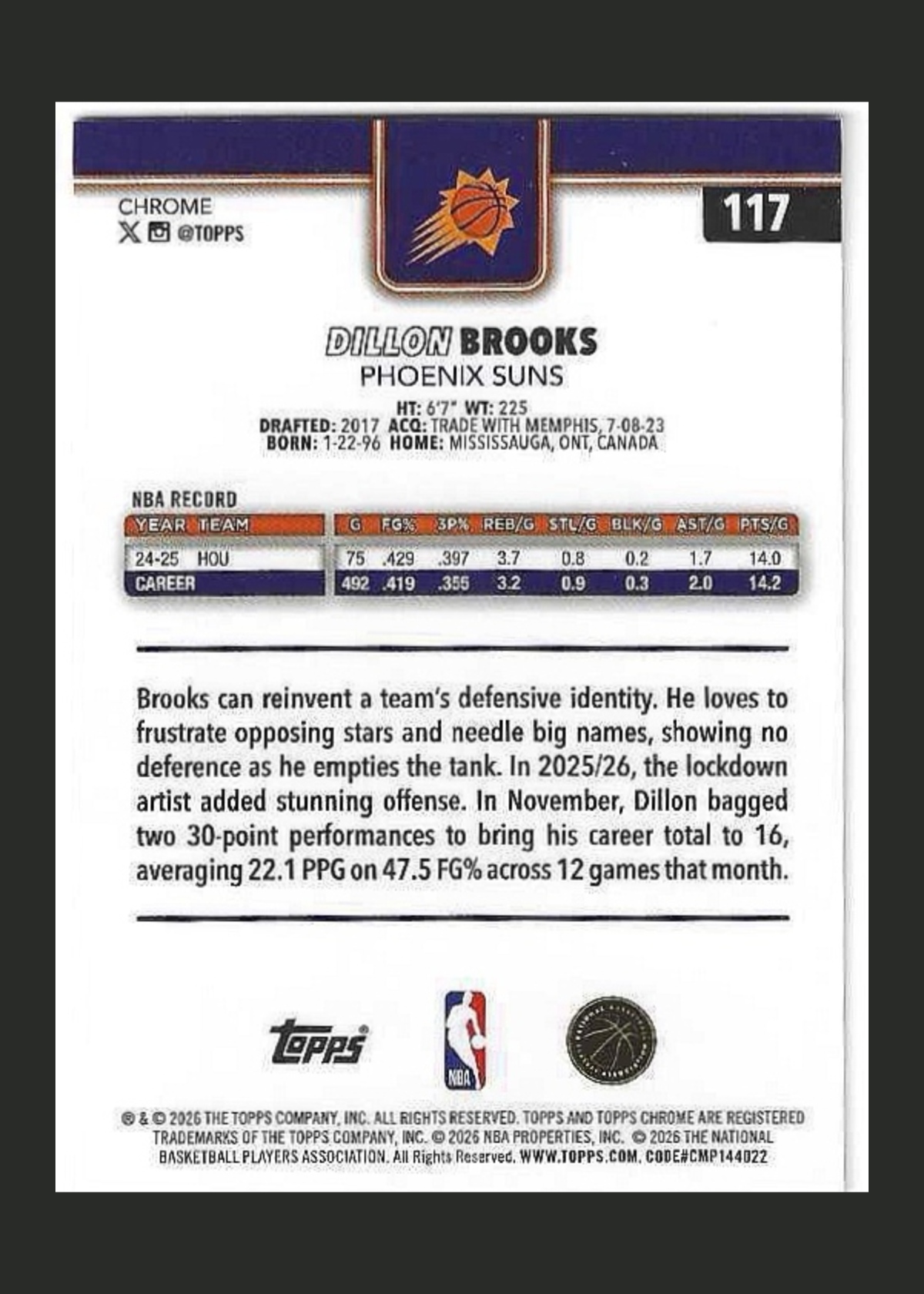 2025-26 Topps Chrome Basketball Dillon Brooks #117 Phoenix Suns back