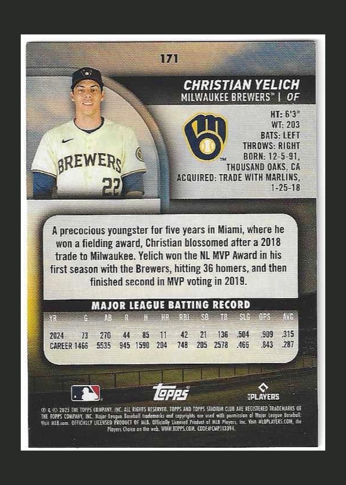 2025 Topps Stadium Club Christian Yelich #171 back