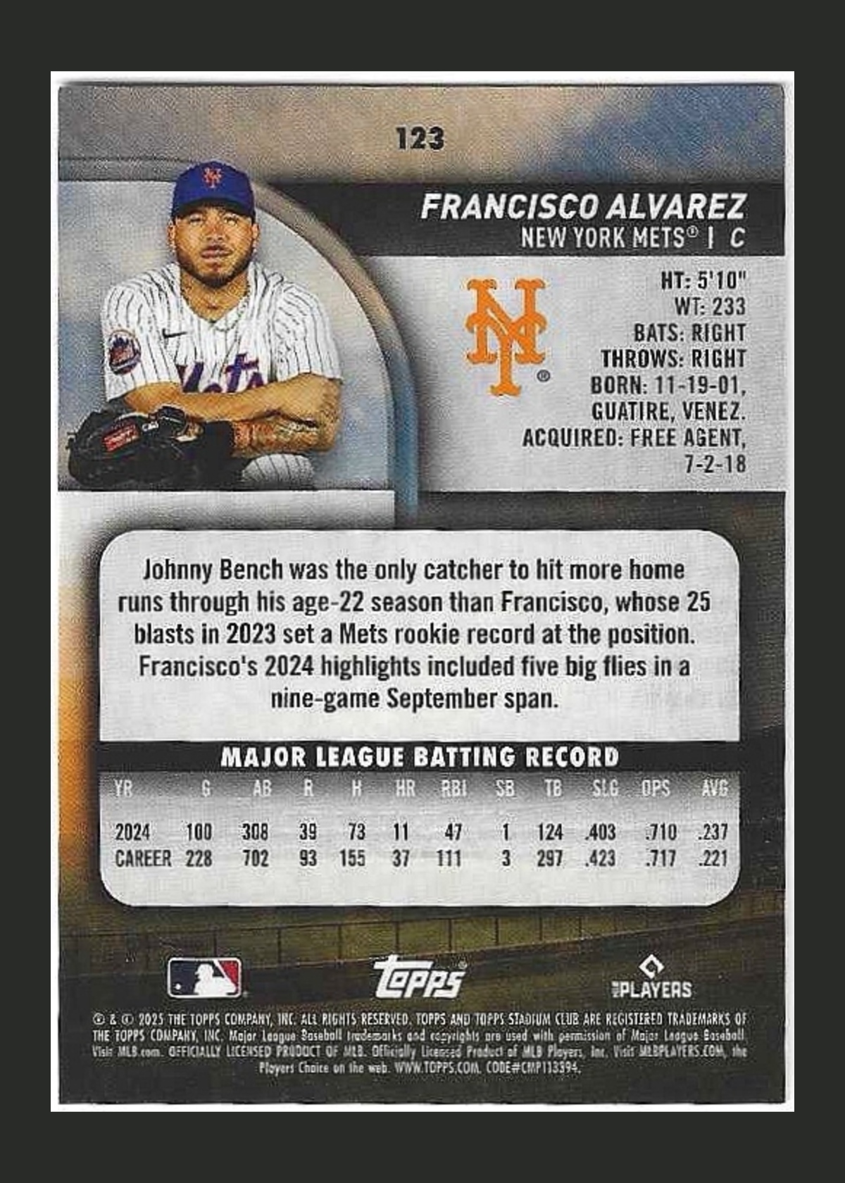2025 Topps Stadium Club Francisco Alvarez #123 New York Mets back